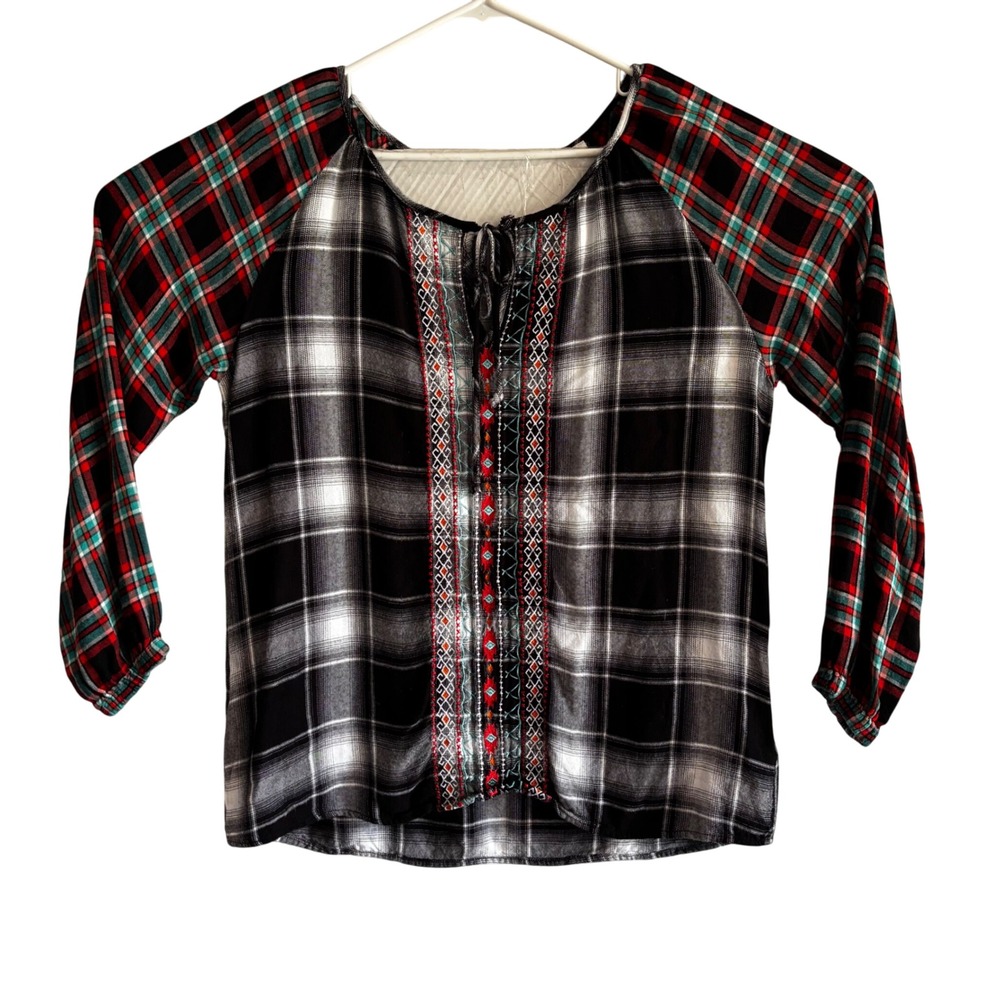 Panhandle Womens Plaid Embroidered Tunic Top Western Aztec Black Red Large